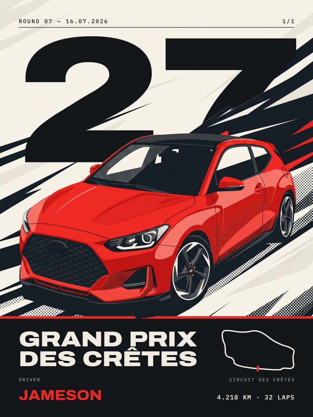 Race-graphic poster of a red hatchback with the number 27 behind it, the event name Grand Prix des Crêtes and the driver name Jameson