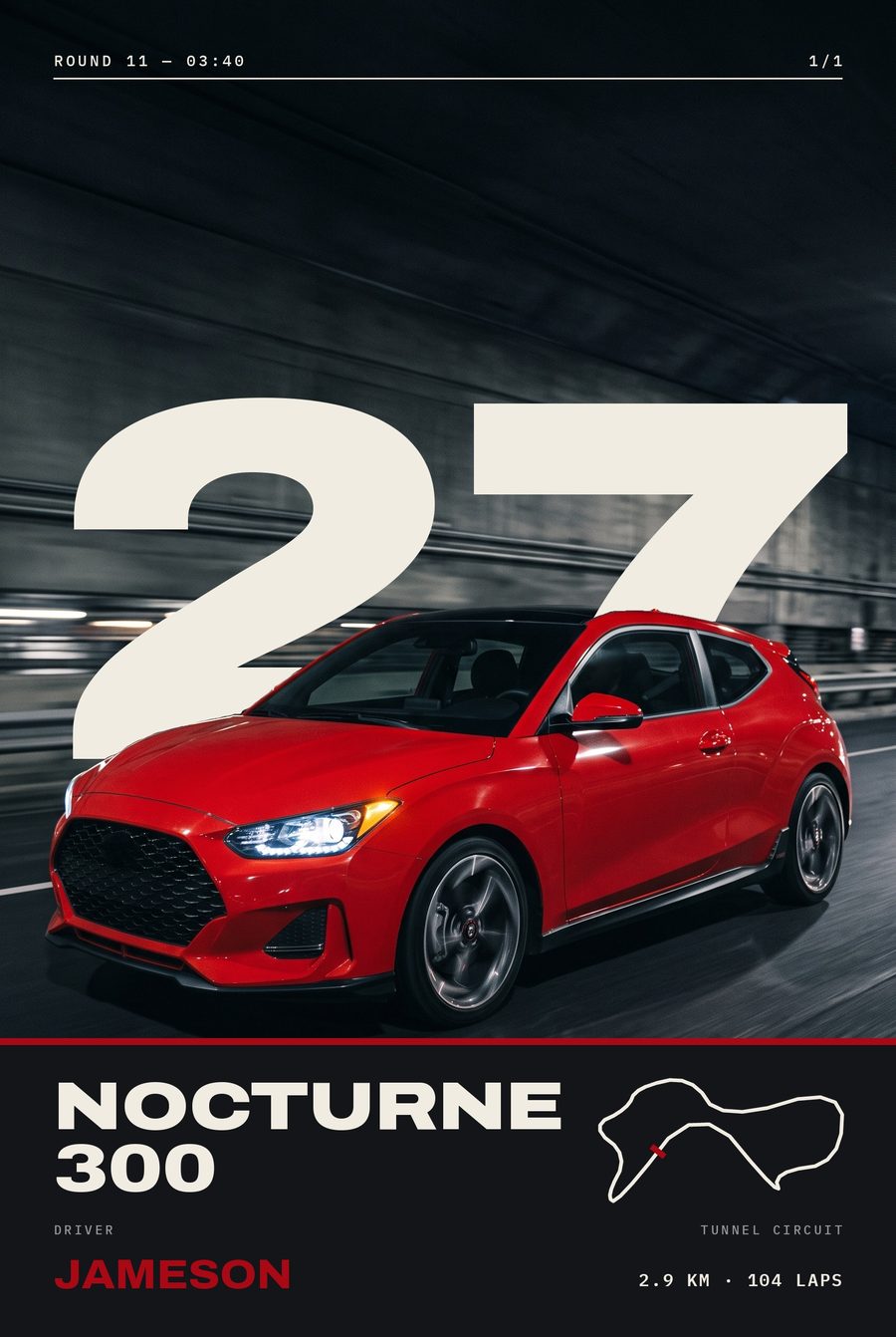 Night-photo poster: the same red hatchback driving through a dark tunnel with a white 27 behind it