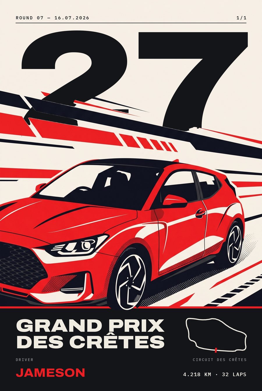 Race-graphic poster with a close crop of the hatchback's front