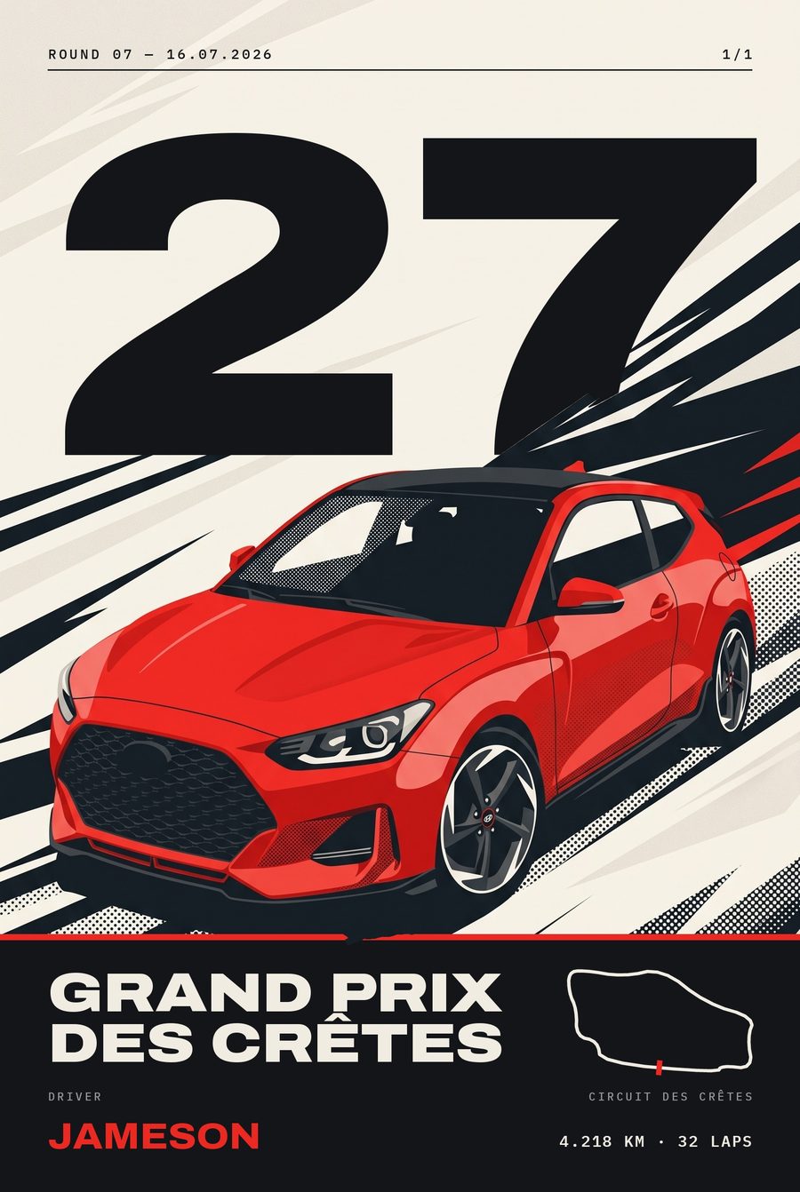 Race-graphic poster: red hatchback on a cream background with black and red speed shapes and a giant 27
